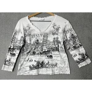 L. Marco Top Medium Italy City Art to WearRhinestone Ruffle V-Neck Shirt White